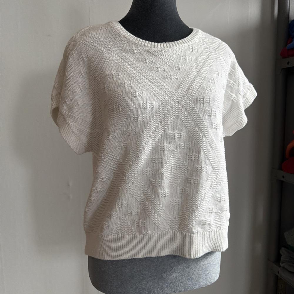 Vintage Cotton White Cottagecore Country Short Sleeve Sweater,
